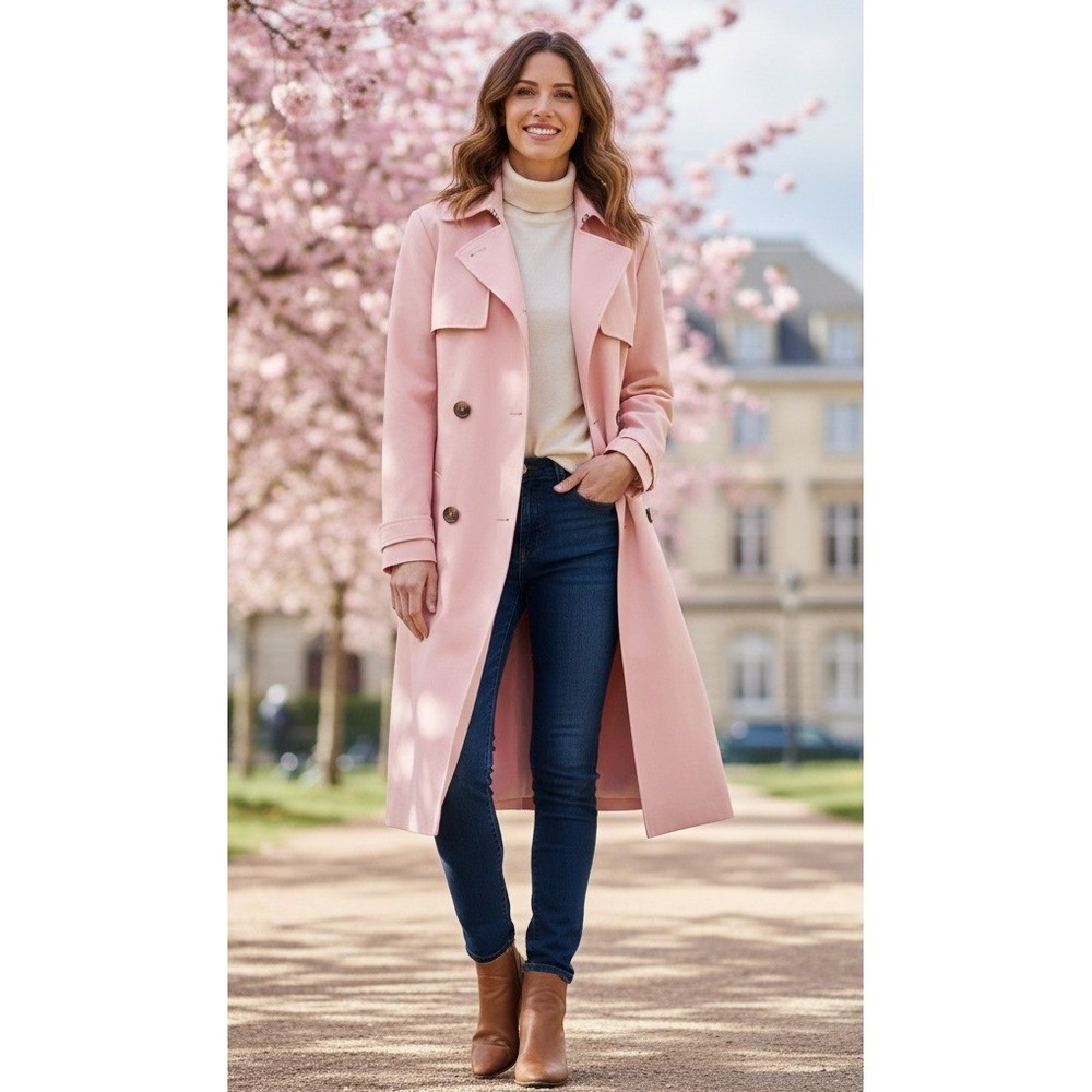 Vintage Seven‎ City Women's L Belted Rain Trench Coat Old Money Pastel Pink NWT